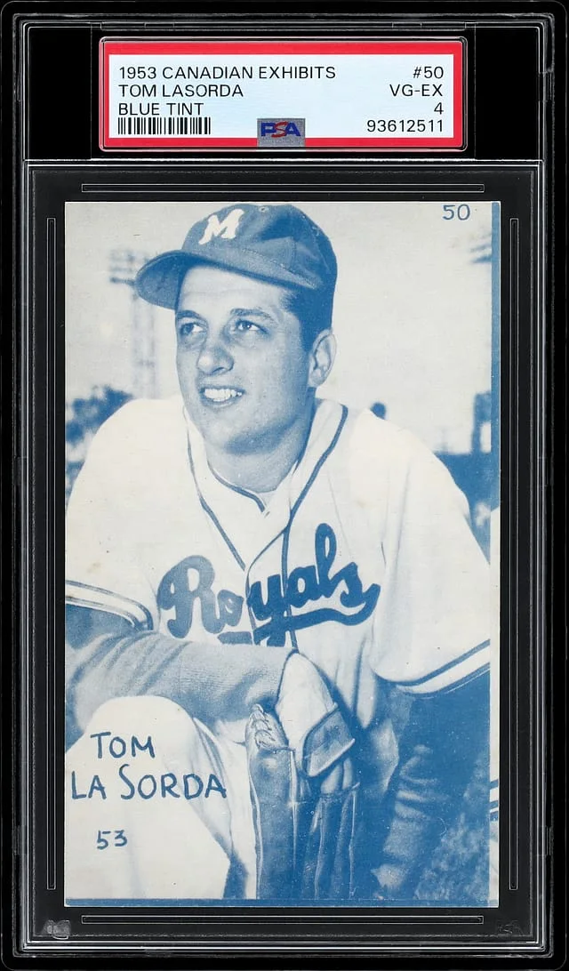 1953 Canadian Exhibits Tommy Lasorda, Blue Tint #50 card image