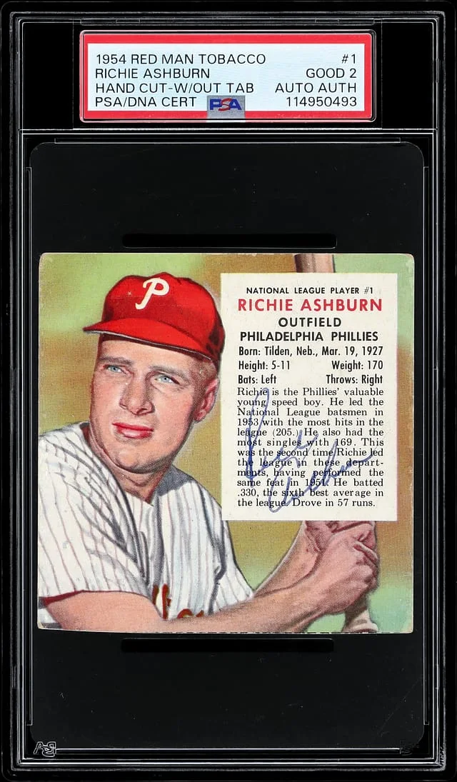 1954 Red Man Tobacco Hand Cut W/out Tab Richie Ashburn #1 card image