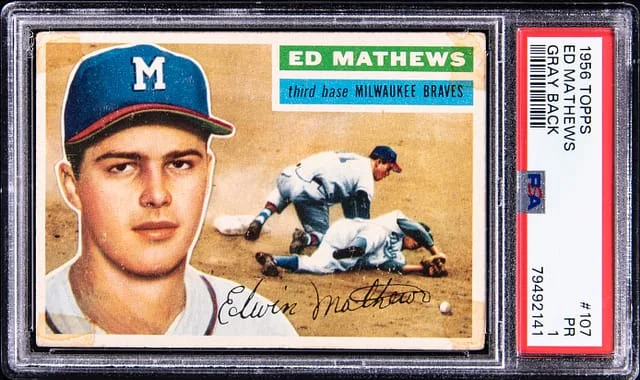 1956 Topps Eddie Mathews Gray Back #107 card image