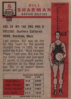 1957-58 Topps Bill Sharman #5 card back image