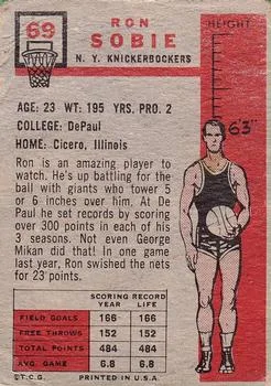 1957-58 Topps Ron Sobie #69 card back image