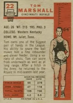 1957-58 Topps Tom Marshall #22 card back image