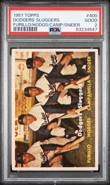 1957 Topps Furillo/Hodgs/Camp/Snider Dodgers' Sluggers #400 card image