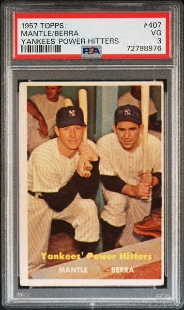 1957 Topps Yogi Berra/Mickey Mantle Yankees' Power Hitters #407 card image