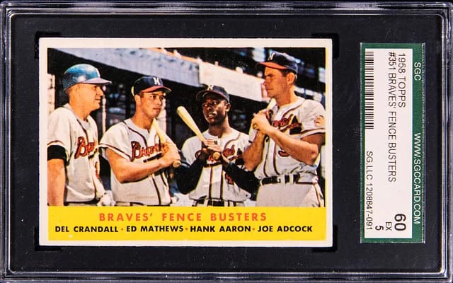 1958 Topps Crandall/Mathews/Aaron/Adcock Braves Fence Busters #351 card image