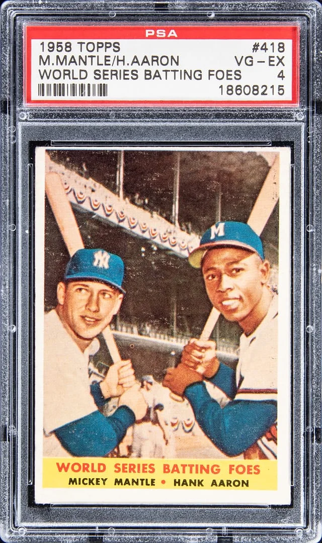 1958 Topps Mickey Mantle, Hank Aaron World Series Batting Foes #418 card image