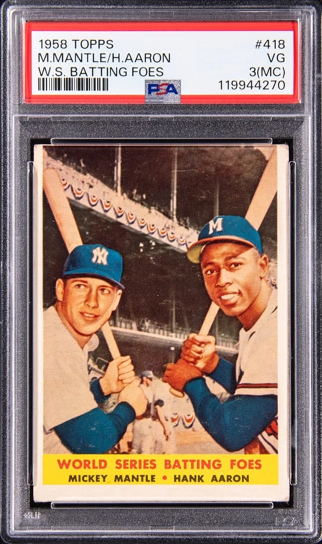 1958 Topps Mickey Mantle/Hanke Aaron World Series Batting Foes #418 card image