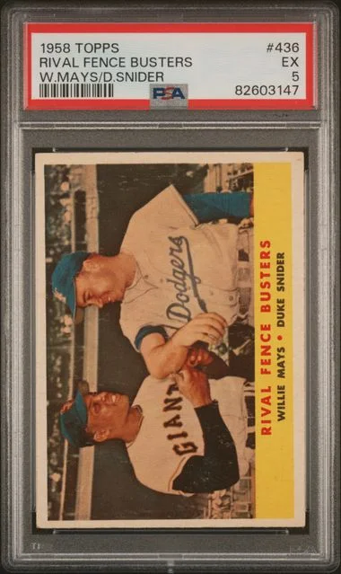 1958 Topps W.Mays/D.Snider Rival Fence Busters #436 card image