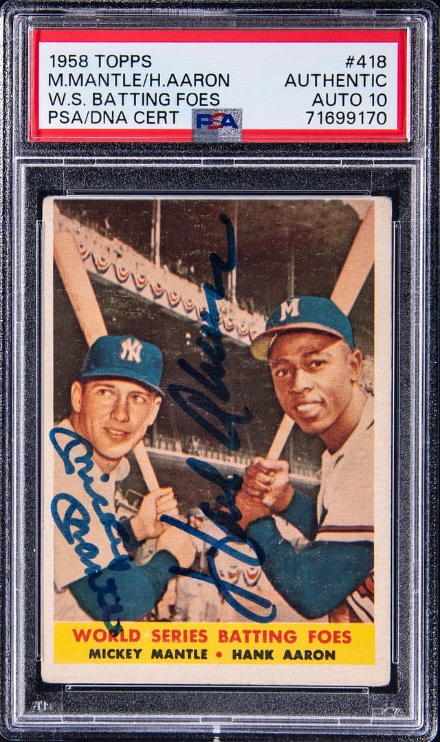 1958 Topps World Series Batting Foes Mickey Mantle/Hank Aaron Dual #418 card image