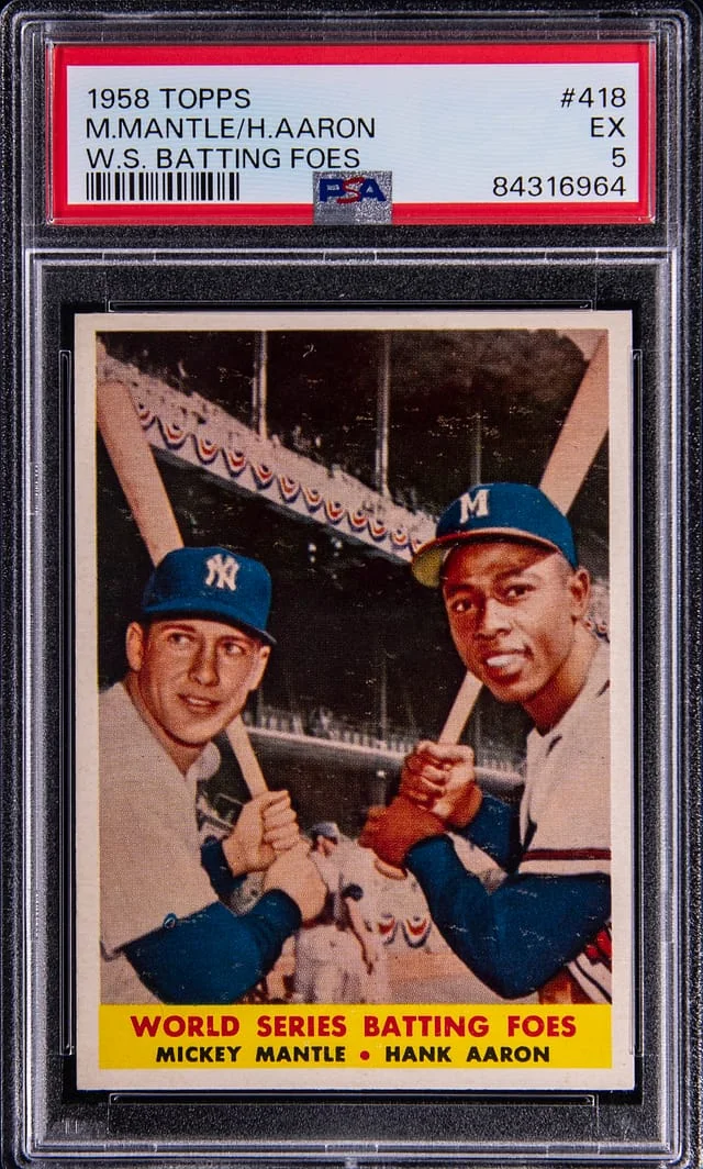 1958 Topps W.S. Batting Foes Mickey Mantle/Hank Aaron #418 card image