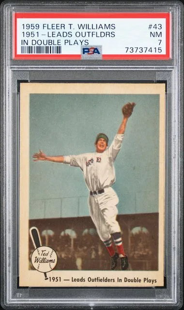 1959 Fleer 1951 Leads Outfielders In Double Plays Ted Williams #43 card image