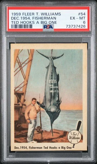 1959 Fleer Dec. 1954- Fisherman Ted Hooks A Big One Ted Williams #54 card image