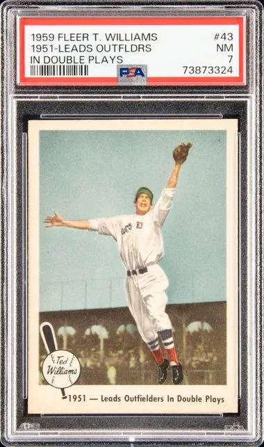 1959 Fleer Ted Williams 1951-Leads Outfldrs In Double Plays #43 card image