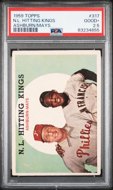 1959 Topps Ashburn/Mays N.L. Hitting Kings #317 card image