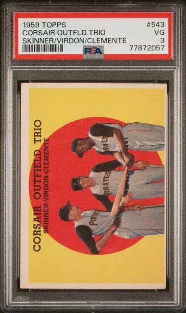 1959 Topps Corsair Outfield Trio Skinner/Virdon/Clemente #543 card image