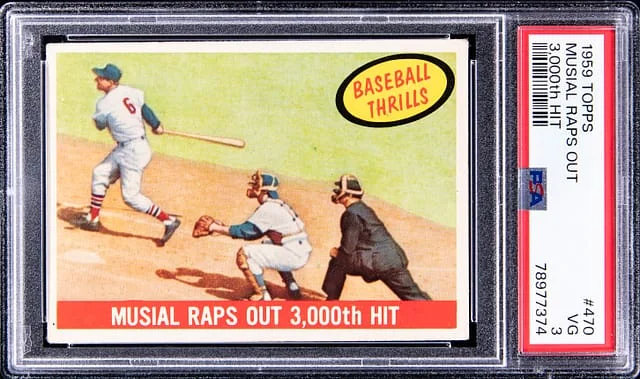 1959 Topps Musial Raps Out 3,000th Hit #470 card image