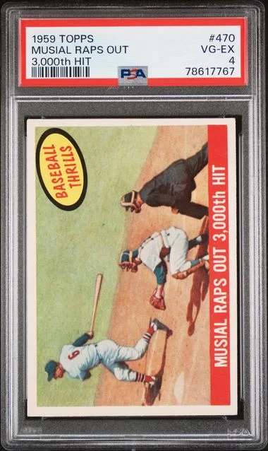 1959 Topps Musial Raps Out 3,000Th HIT #470 card image