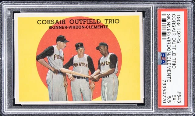 1959 Topps Skinner/Virdon/Clemente Corsair Outfield Trio #543 card image