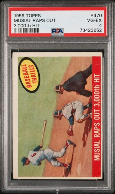 1959 Topps Stan Musial Musial Raps Out 3,000th Hit #470 card image