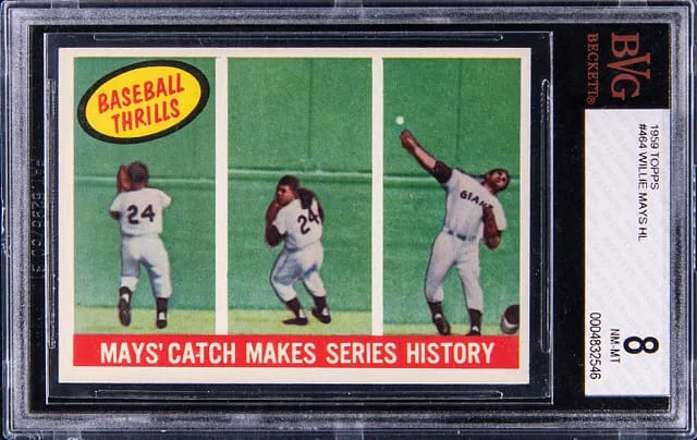 1959 Topps Willie Mays Mays' Catch Makes Series History #464 card image