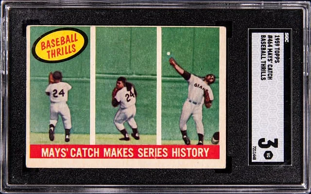 1959 Topps Willie Mays Catch Baseball Thrills #464 card image