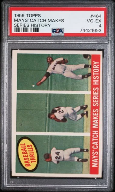 1959 Topps Willie Mays' Catch Makes Series History #464 card image