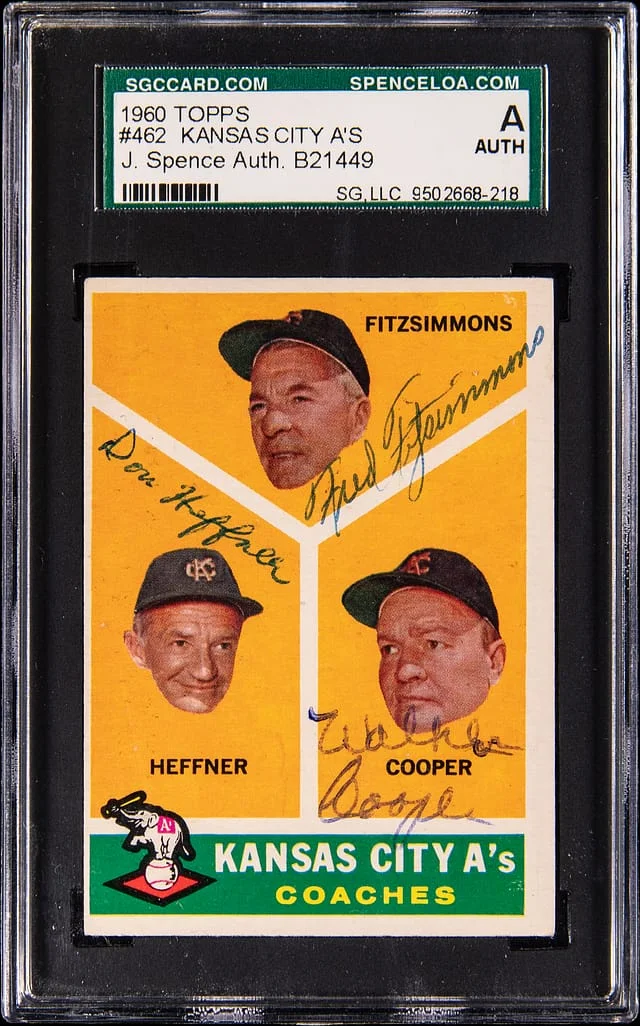 1960 Topps Kansas City A's Coaches Don Heffner/Fred Fitzsimmons/Walker Cooper Multi-Signed #462 card image