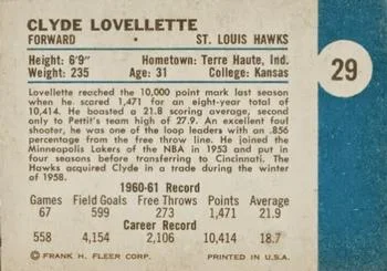 1961-62 Fleer Clyde Lovellette #29 card back image