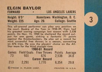 1961-62 Fleer Elgin Baylor #3 card back image