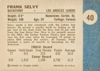 1961-62 Fleer Frank Selvy #40 card back image