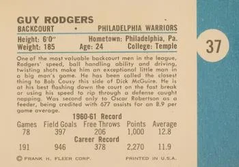 1961-62 Fleer Guy Rodgers #37 card back image