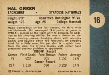 1961-62 Fleer Hal Greer #16 card back image