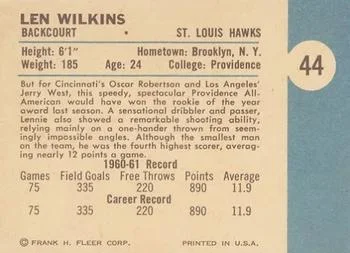 1961-62 Fleer Len Wilkens #44 card back image