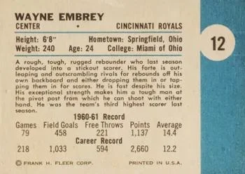 1961-62 Fleer Wayne Embry #12 card back image