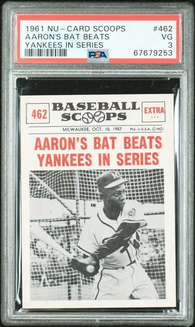 1961 Nu-Card Scoops Aaron's Bat Beats Yankees In Series #462 card image