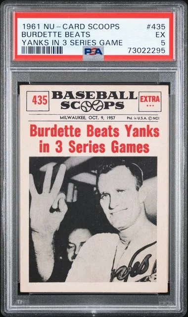 1961 Nu-Card Scoops Burdette Beats Yanks In 3 Series Games #435 card image