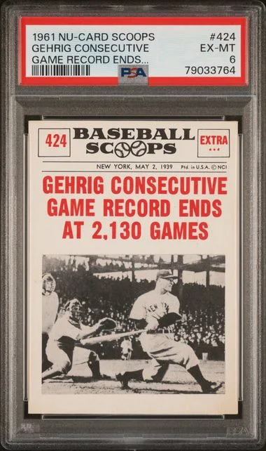 1961 Nu-Card Scoops Game Record Ends Gehrig Consecutive #424 card image