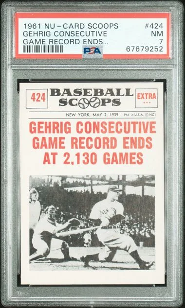 1961 Nu-Card Scoops Gehrig Consecutive Game Record Ends #424 card image
