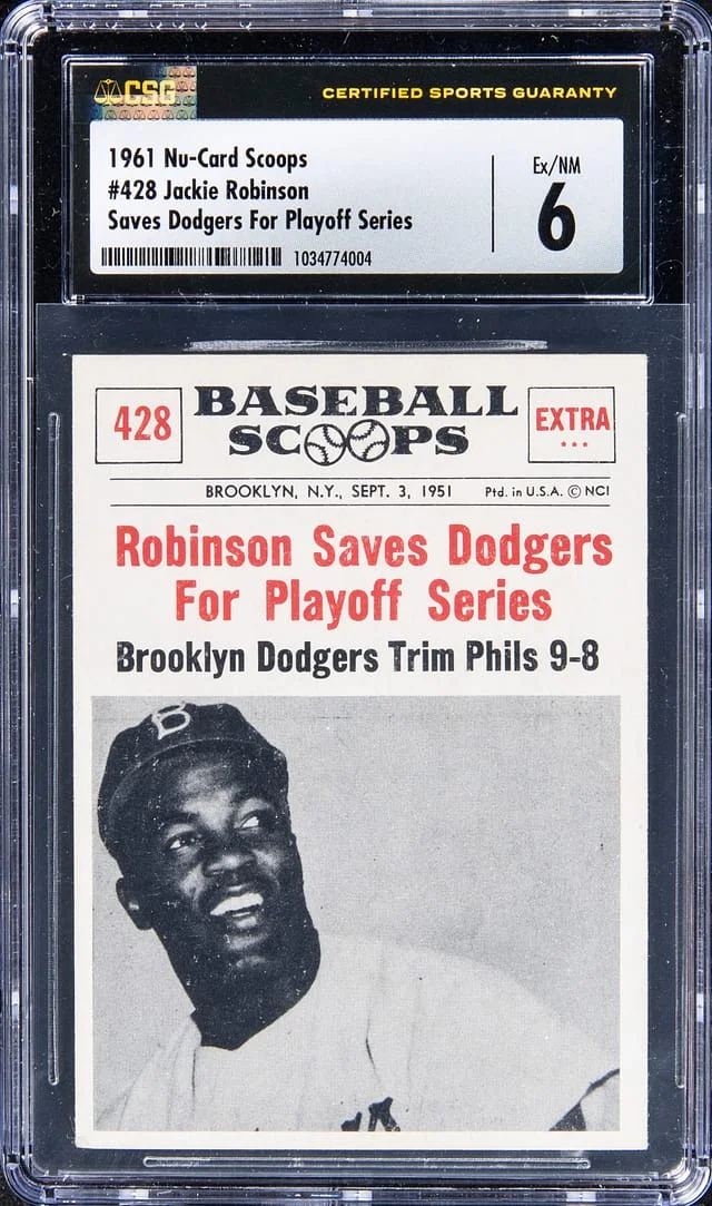 1961 Nu-Card Scoops Jackie Robinson Saves Dodgers For Playoff Series #428 card image