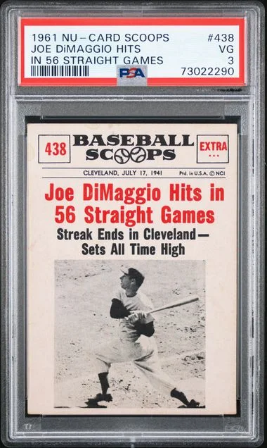 1961 Nu-Card Scoops Joe DiMaggio Hits In 56 Straight Games #438 card image