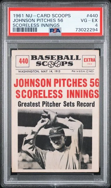 1961 Nu-Card Scoops Johnson Pitches 56 Scoreless Innings #440 card image