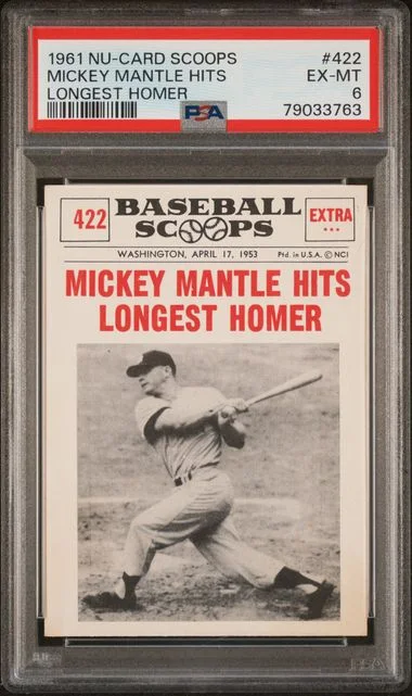 1961 Nu-Card Scoops Longest Homer Mickey Mantle Hits #422 card image