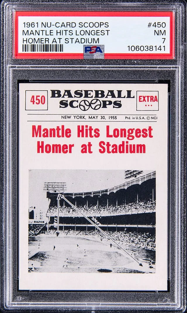 1961 Nu-Card Scoops Mantle Hits Longest Homer At Stadium #450 card image
