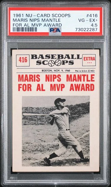 1961 Nu-Card Scoops Maris Nips Mantle For AL MVP Award #416 card image