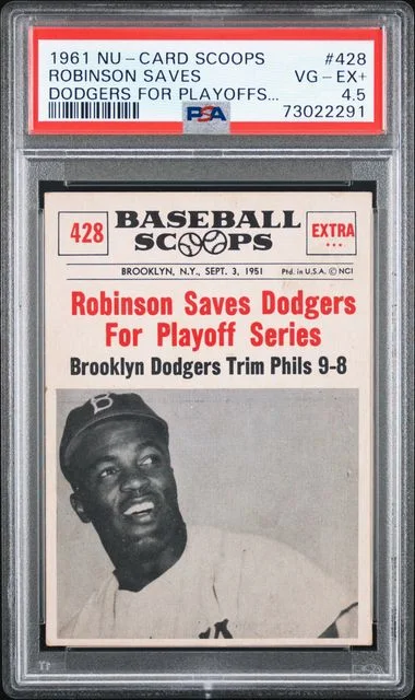 1961 Nu-Card Scoops Robinson Saves Dodgers For Playoff Series #428 card image