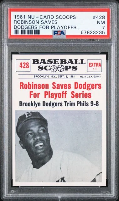 1961 Nu-Card Scoops Robinson Saves Dodgers For Playoffs... #428 card image
