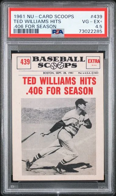 1961 Nu-Card Scoops Ted Williams Hits .406 For Season #439 card image