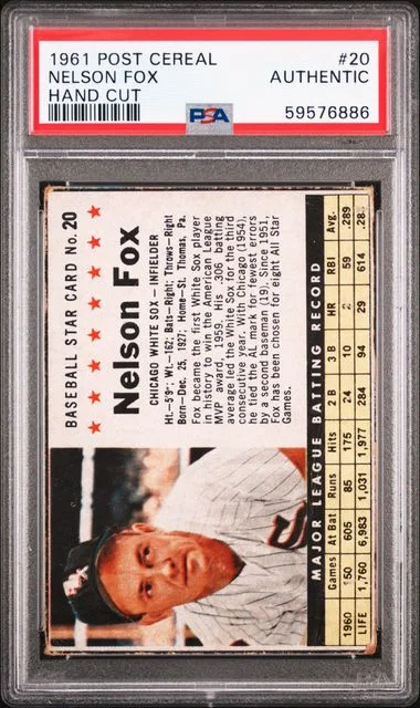 1961 Post Cereal Hand Cut Nelson Fox #20 card image