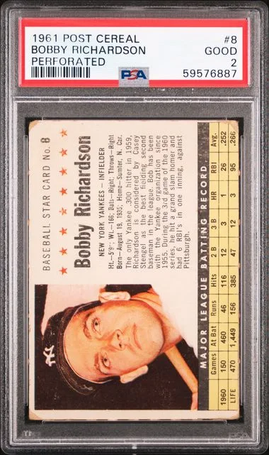 1961 Post Cereal Perforated Bobby Richardson #8 card image