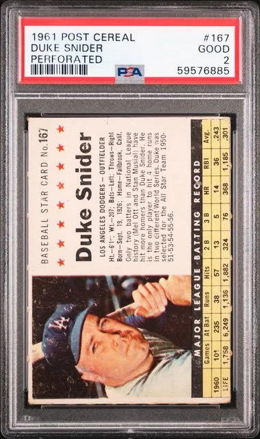 1961 Post Cereal Perforated Duke Snider #167 card image